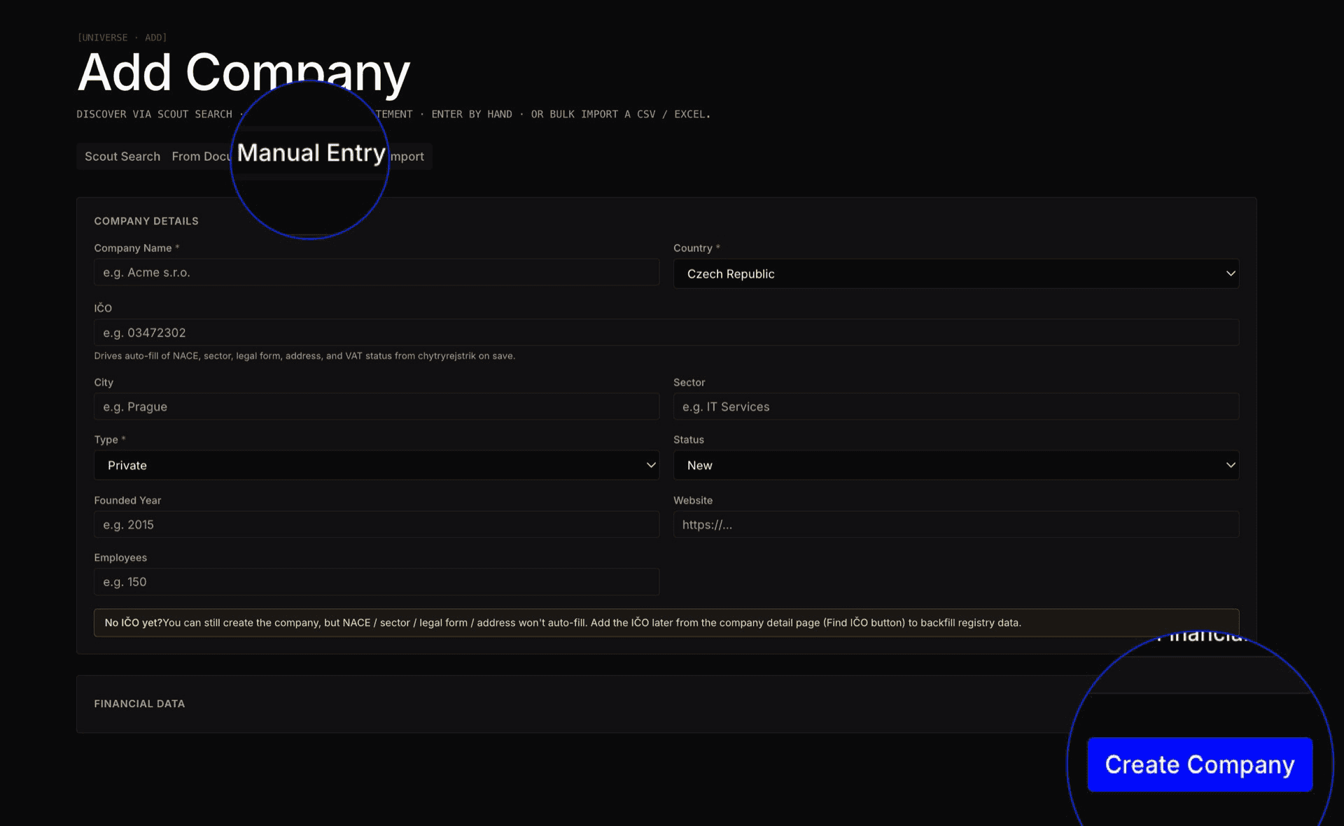 Scout — Add Company screen with IČO autofill and CSV import.