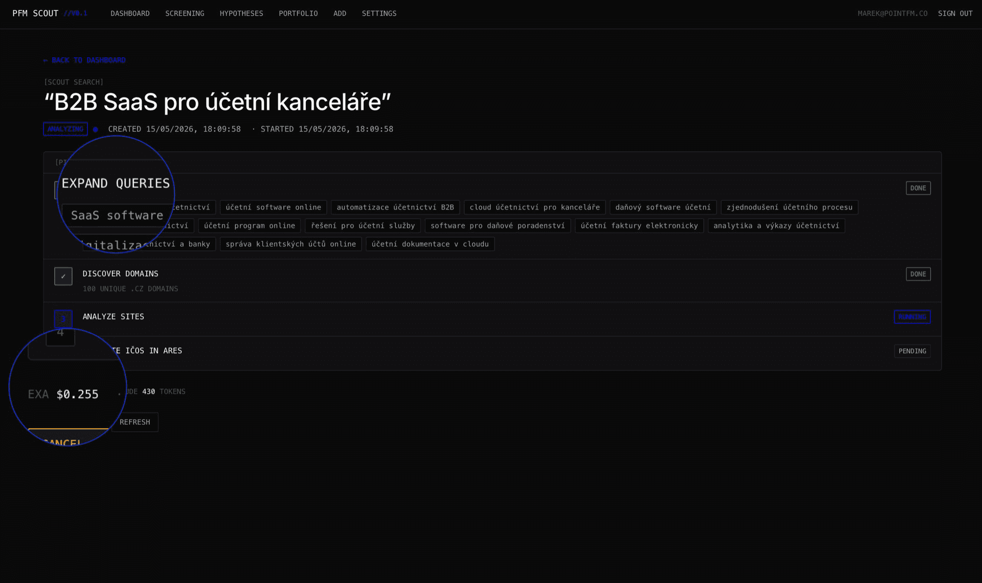 Scout Search — natural-language discovery turning a description into matched targets.