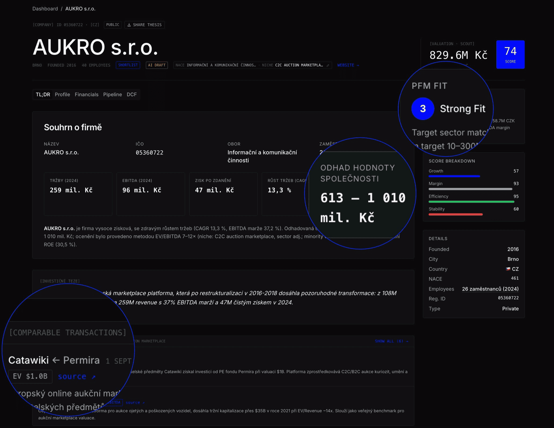 Scout — Aukro company detail with PFM Fit, score breakdown, and comparable transactions.
